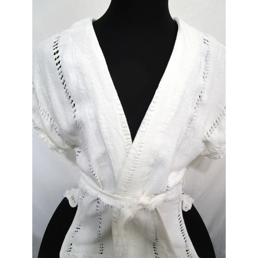 Vintage Handwoven Mexican White Belted Boho Wrap Shirt Women Sz M/L - Picture 8 of 13